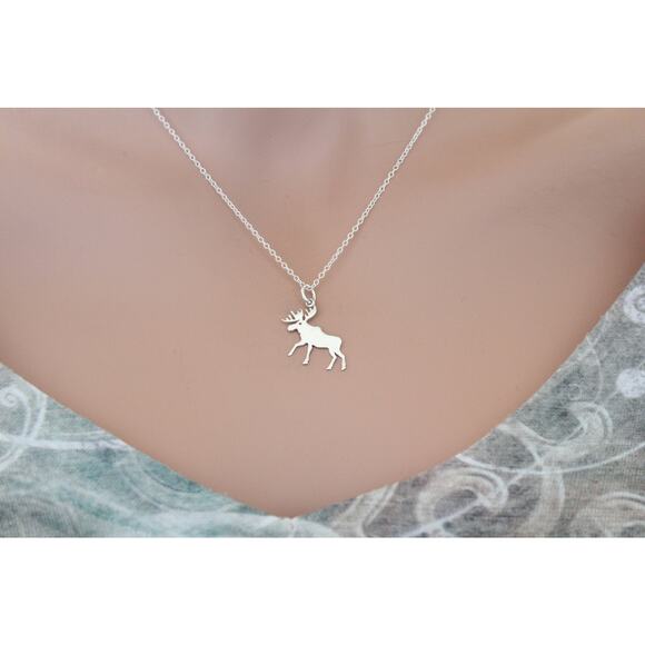 Sterling Silver Moose Charm Necklace, Silver Moose Pendant Necklace - Picture 1 of 3